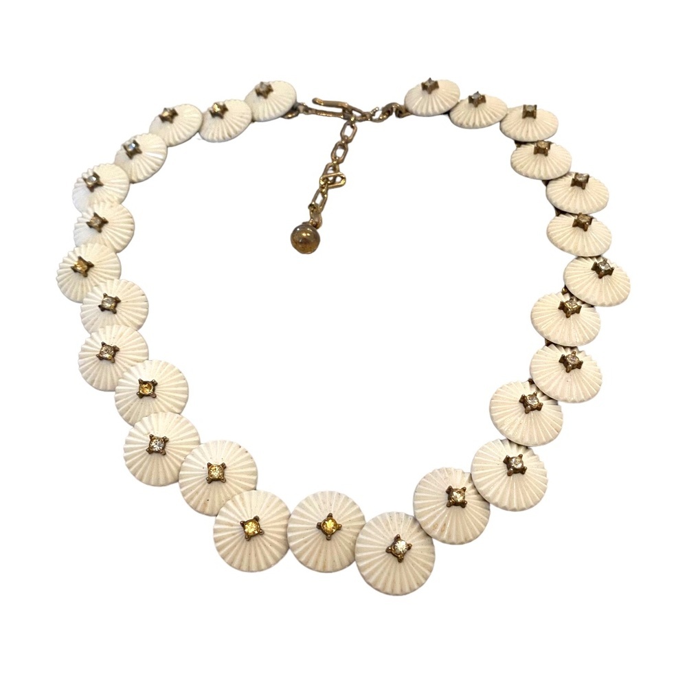 Crown Trifari white disks necklace Milk Glass Rhinestone Necklace Pom Pom Design - Picture 2 of 9